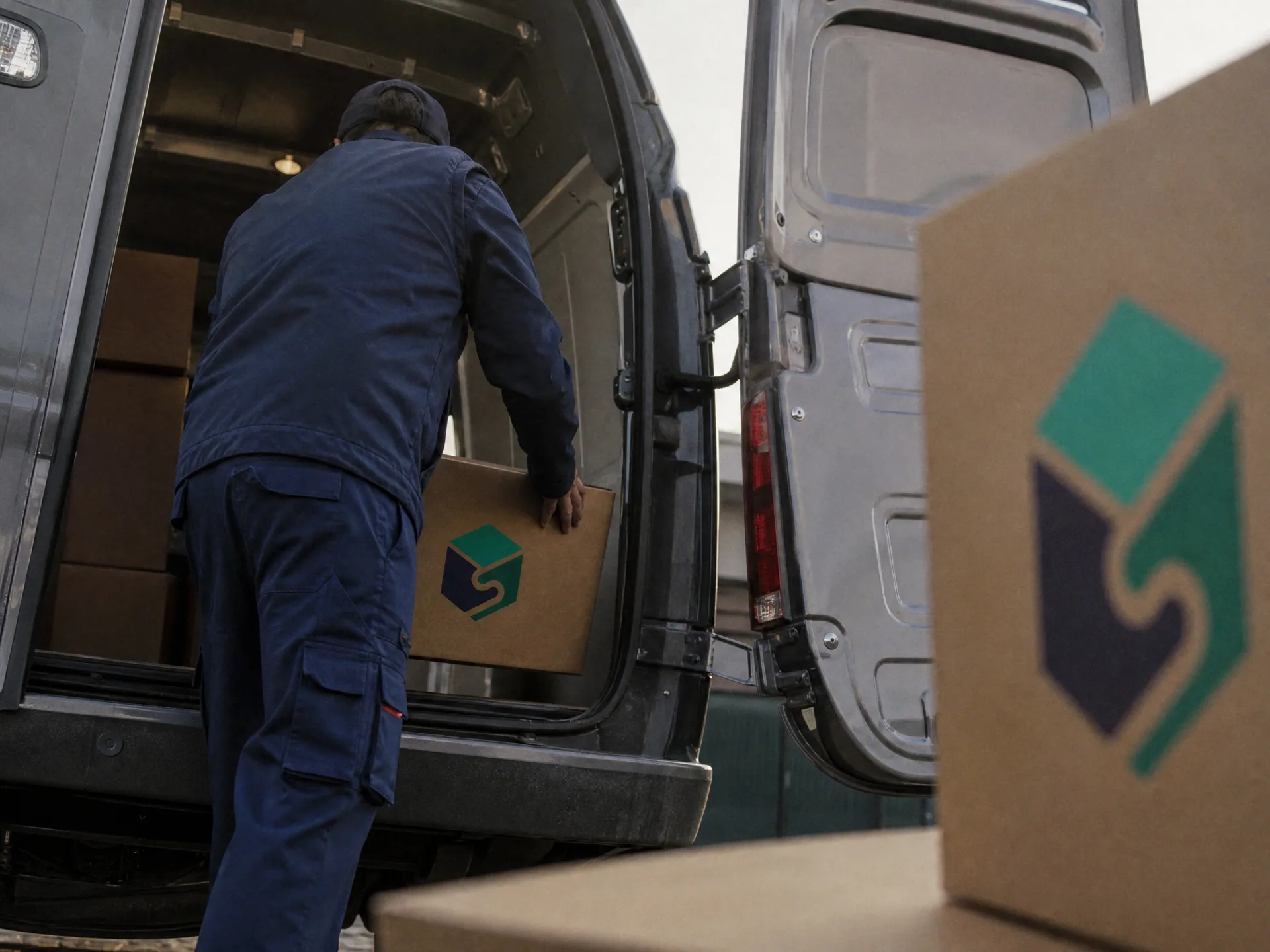 Technik nakládá krabice s materiálem do servisní dodávky